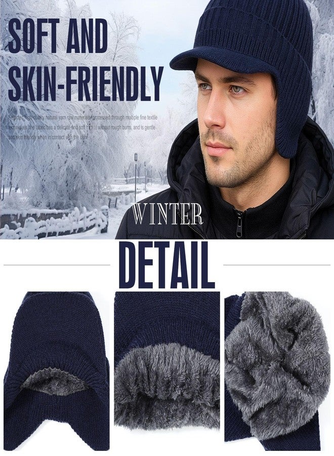 Simlakey 2 Pcs Winter Hats with Brim and Ear Flap Fleece Winter Beanie Hat Outdoor Warm Lined Knit Hat for Men Women(Black, Navy Blue) - Image 2